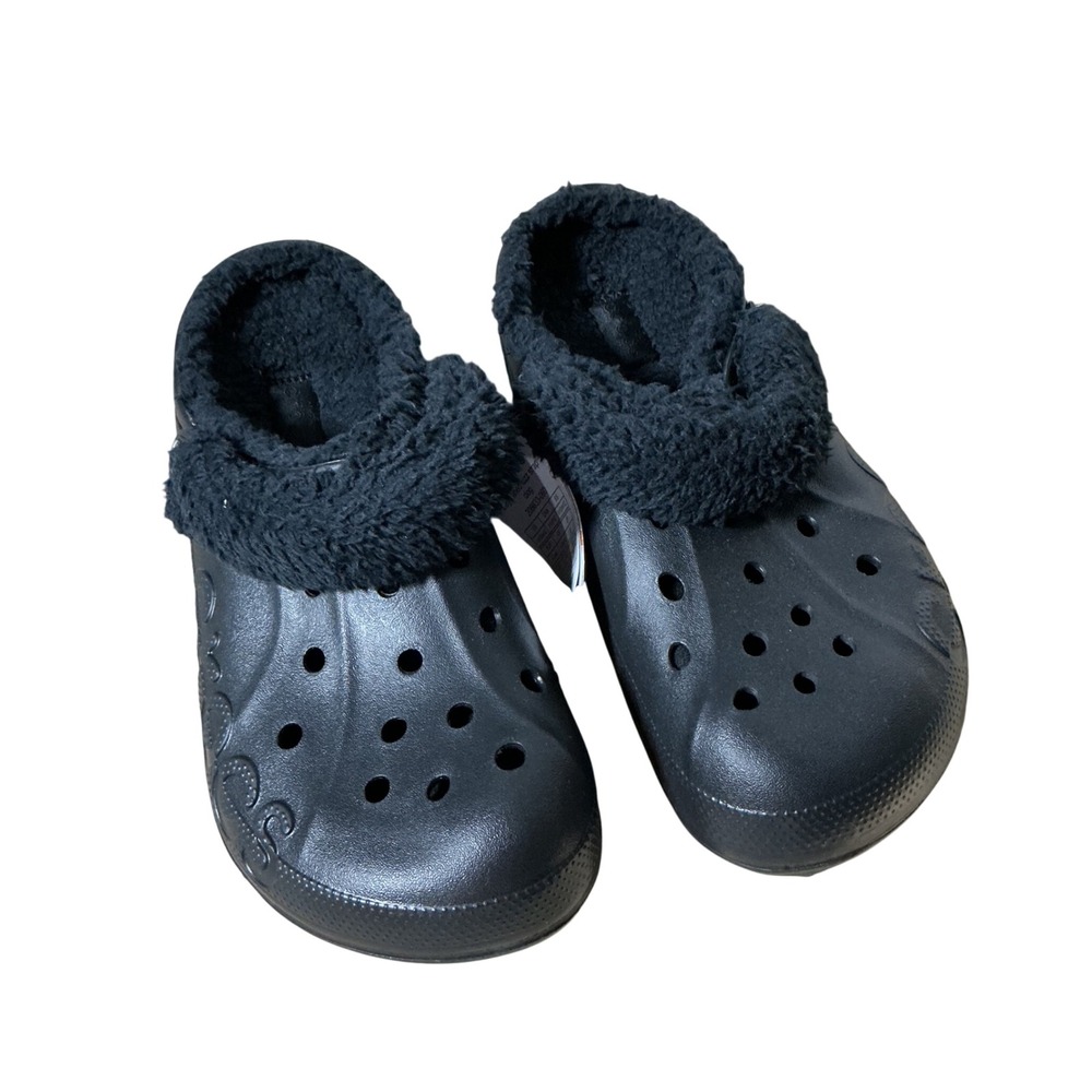 Crocs Baya Lined Fuzz Strap Clog Womens 12 Black Warm Cozy Slip On 206633